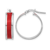 Sterling Silver Rhodium-Plated Polished Red Enamel Round Hoop Earrings, 20.75 mm