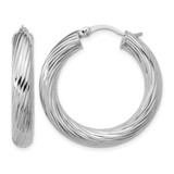 Sterling Silver Rhodium-Plated Polish/Grooved Round Hoop Earrings, 30 mm