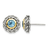 Shey Couture Sterling Silver with 14K Accent Antiqued Round Bezel Light Swiss Blue Topaz Stud Earrings, 14 mm