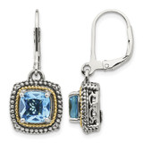 Shey Couture Sterling Silver with 14K Accent Antiqued Cushion Light Swiss Blue Topaz Leverback Dangle Earrings, 32 mm