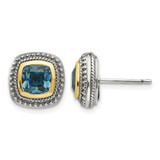 Shey Couture Sterling Silver with 14K Accent Antiqued Cushion London Blue Topaz Stud Earrings, 12 mm
