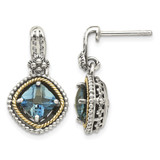 Shey Couture Sterling Silver with 14K Accent Antiqued Cushion London Blue Topaz Post Dangle Earrings, 23 mm