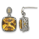 Shey Couture Sterling Silver with 14K Accent Antiqued Cushion Citrine Dangle Earrings, 28 mm