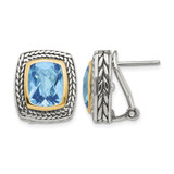 Shey Couture Sterling Silver with 14K Accent Antiqued Cushion Bezel Swiss Blue Topaz Omega Back Stud Earrings, 17 mm