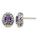 Shey Couture Sterling Silver with 14K Accent Antiqued Oval Amethyst Stud Earrings, 12 mm