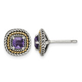 Shey Couture Sterling Silver with 14K Accent Antiqued Cushion Amethyst Stud Earrings, 10 mm