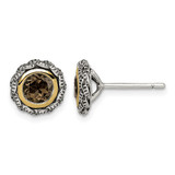 Shey Couture Sterling Silver with 14K Accent Antiqued Round Bezel Smoky Quartz Stud Earrings
