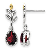 Shey Couture Sterling Silver with 14K Accent 18 Inch Antiqued Leaves Pear Shaped Checkerboard Garnet Leaves Dangle Earrings, 22.27 mm Long