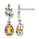 Shey Couture Sterling Silver with 14K Accent Antiqued Leaf Pear Shaped Citrine Dangle Earrings, 22.27 mm