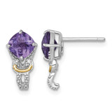 Shey Couture Sterling Silver Rhodium-Plated with 14K Accent Checker-Cut Cushion Amethyst and 0.02ct Diamond Stud Earrings, 14 mm