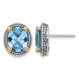 Shey Couture Sterling Silver with 14K Accent Antiqued Oval Swiss Blue Topaz Stud Earrings, 10 mm