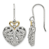 Shey Couture Sterling Silver Rhodium-Plated with 14K Accent 0.12ct Diamond Shepherd Hook Dangle Vintage Heart Drop French Wire Earrings, 25 mm Long
