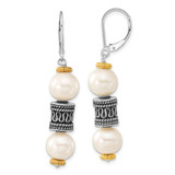 Sterling Silver with 14K Yellow Gold Accent Polished & Antiqued Cultured Freshwater Pearl & Barrel Leverback Dangle Earrings, 49.8 mm Long