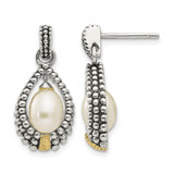 Shey Couture Sterling Silver with 14K Accent Antiqued 7 x 5 mm Cultured Freshwater Pearl Post Drop Earrings, 20 mm Long