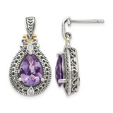 Shey Couture Sterling Silver with 14K Accent Antiqued 0.02ct Diamond and Pear Shaped Amethyst Drop Earrings, 24 mm