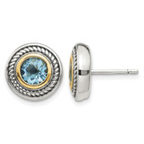Shey Couture Sterling Silver with 14K Accent Antiqued Round Blue Topaz Stud Earrings, 12 mm