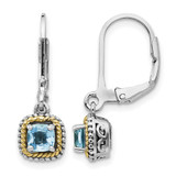 Shey Couture Sterling Silver with 14K Accent Antiqued Cushion Blue Topaz Leverback Dangle Earrings, 24 mm