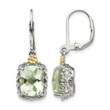 Shey Couture Sterling Silver Rhodium-Plated with 14K Accent Cushion Green Quartz Leverback Drop Earrings, 32 mm