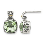 Shey Couture Sterling Silver with 14K Accent Antiqued Cushion Green Quartz Post Dangle Earrings, 15 mm
