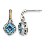 Shey Couture Sterling Silver with 14K Accent Antiqued Cushion Light Swiss Blue Topaz Post Dangle Earrings, 18 mm