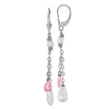 Rhodium-Plated 14K White Gold Polished Pink & Clear Teardrop Leverback Dangle Earrings, 55 mm