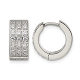 Chisel Stainless Steel Polished with 3 Rows of Cubic Zirconia 2.4 mm Hinged Hoop Earrings, 13.4 mm Long