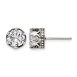 Chisel Stainless Steel Antiqued and Polished Cubic Zirconia Crown Stud Earrings, 9.05 mm