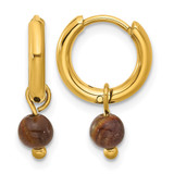 Chisel Stainless Steel Polished Yellow Ion-Plated with Removeable Tiger'S Eye Dangle Hinged Hoop Earrings, 27 mm