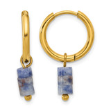 Chisel Stainless Steel Polished Yellow Ion-Plated with Removeable Blue Sodalite Dangle Hinged Hoop Earrings, 27 mm, 4.5 mm Wide