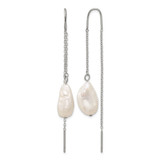 Chisel Stainless Steel Polished White Baroque Cultured Freshwater Pearl Dangle Threader Drop Earrings, 53 mm
