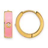 Chisel Stainless Steel Polished Yellow Ion-Plated with Pink Enamel and Cubic Zirconia 5 mm Hinged Hoop Earrings, 15 mm Long