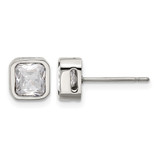 Chisel Stainless Steel Polished 6 mm Cubic Zirconia Squared Stud Earrings, 7 mm Long
