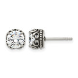 Chisel Stainless Steel Antiqued and Polished Cubic Zirconia Stud Earrings, 7.7 mm