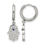 Chisel Stainless Steel Polished Blue and White Zircon Hamsa Dangle Hinged Hoop Earrings, 23.5 mm