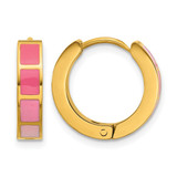 Stainless Steel Polished Yellow Ion-Plated Pink Enameled Hinged Hoop Earrings, 15 mm