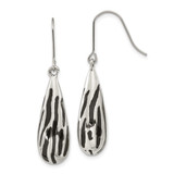 Stainless Steel Black Resin Striped Polished Teardrop Dangle French Wire Earrings, 45.6 mm