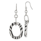 Stainless Steel Black Enamel Striped Oval Dangle French Wire Earrings, 69.4 mm