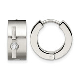 Chisel Stainless Steel Brushed and Polished with Cubic Zirconia 7 mm Hinged Hoop Earrings, 10 mm Long