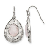 Stainless Steel Polished Rose Quartz and Cubic Zirconia Shepherd Hook Drop French Wire Earrings