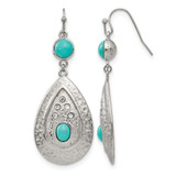 Chisel Stainless Steel Polished Hammered with Simulated Turquoise and Cubic Zirconia Dangle Shepherd Hook Drop French Wire Earrings