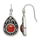 Stainless Steel Antiqued and Polished Red Agate & Cubic Zirconia Dangle French Wire Earrings