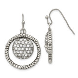Stainless Steel Polished & Antiqued Cubic Zirconia Circle Dangle French Wire Earrings, 35.75 mm