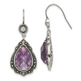 Stainless Steel Polished & Antiqued Purple & Clear Cubic Zirconia Dangle French Wire Earrings, 40 mm