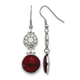 Stainless Steel Polished with Red Glass Dangle Shepherd Hook Drop French Wire Earrings