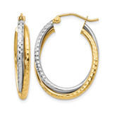 Rhodium-Plated 10K Two-Tone Gold Hollow Textured Hinged Hoop Earrings, 29 mm