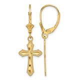 14K Yellow Gold Diamond-Cut Beaded Edge Cross Dangle Leverback Drop Earrings, 35.1 mm