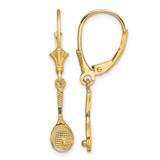 14K Yellow Gold Polished Tennis Racquet with Ball Dangle Leverback Drop Earrings, 31.22 mm