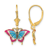 14K Yellow Gold with Blue and Red Enameled Wings Butterfly Dangle Leverback Drop Earrings, 26.45 mm