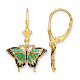 14K Yellow Gold with Green and Black Enameled Wings Butterfly Dangle Leverback Drop Earrings, 26.45 mm