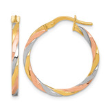 14K Yellow Gold Hollow with Rose and White Rhodium Polished Twisted 2.00 x 24 mm Tube Hoop Earrings